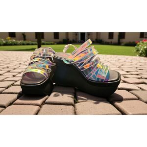 NEW Demonia Holographic Rainbow Platform Sandals Size 8